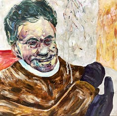 画面越しで喜んでる人を眺めてる視点の絵画